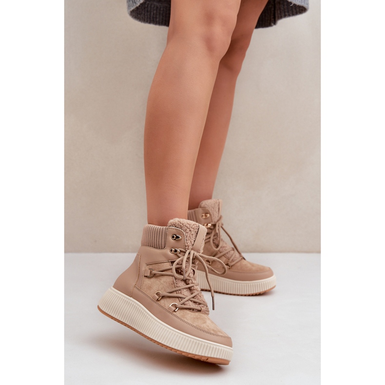 Śniegowce Damskie Botki Ocieplane MD9944-7 beżowe brązowe 1