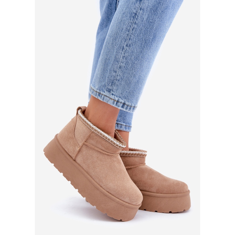 Śniegowce Na Platformie Z Ozdobnym Haftem Beżowe beżowy 1