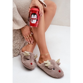 Kapcie Świąteczne Z Motywem Renifera Futrzane Ciemnobeżowe beżowy 2