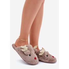 Kapcie Świąteczne Z Motywem Renifera Futrzane Ciemnobeżowe beżowy 1