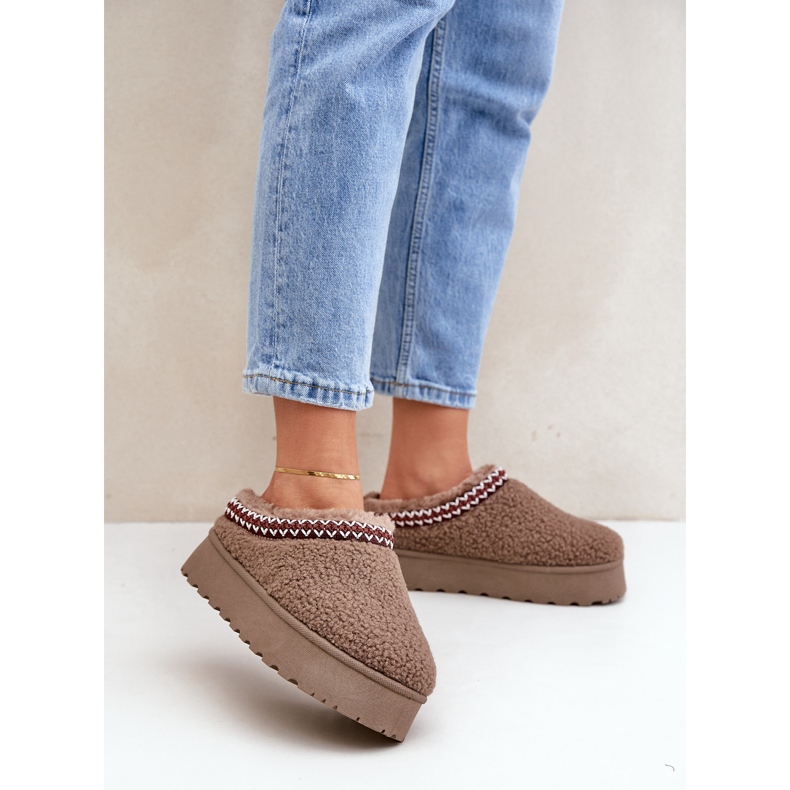 Śniegowce Kapcie Na Platformie Z Futerkiem Typu Baranek Brązowe 2