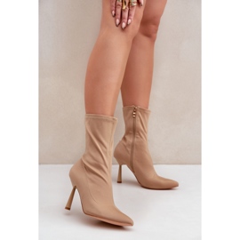 Materiałowe Botki Na Szpilce Ciemnobeżowe beżowy 2