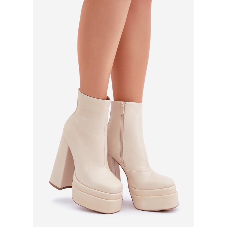 Botki Na Masywnej Platformie I Słupku Ocieplane Jasnobeżowe beżowy 1