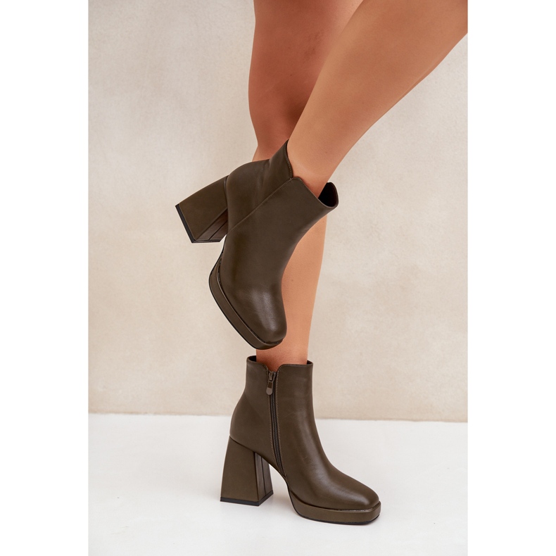 Botki Na Wysokim Obcasie Słupku Eko Skórzane Ciemnozielone 2