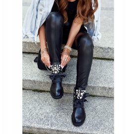 Ideal Damskie Botki Z Perełkami Ocieplane z Wstążką czarne 3