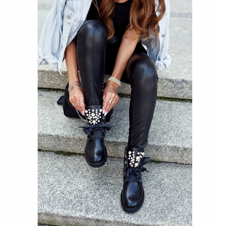 Ideal Damskie Botki Z Perełkami Ocieplane z Wstążką czarne 3