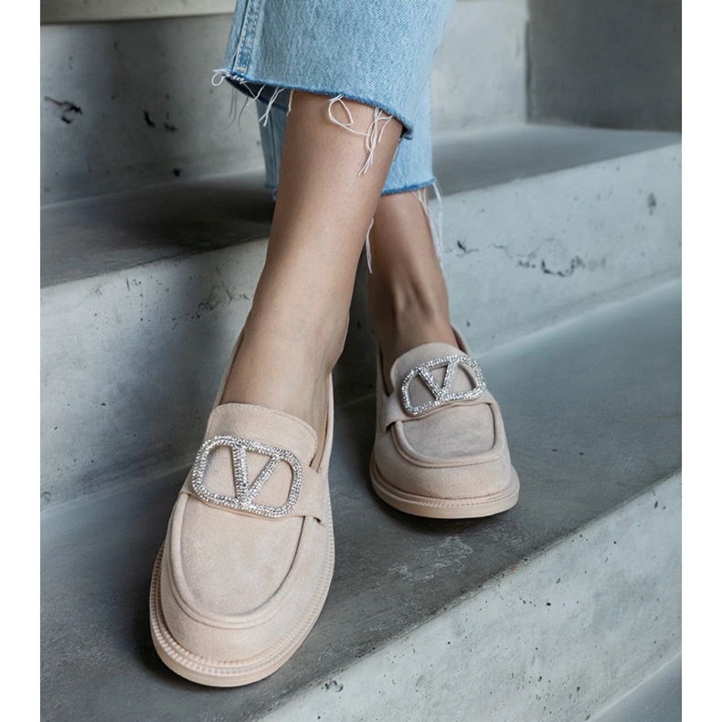 Beżowe mokasyny zdobione cyrkoniami beżowy 1