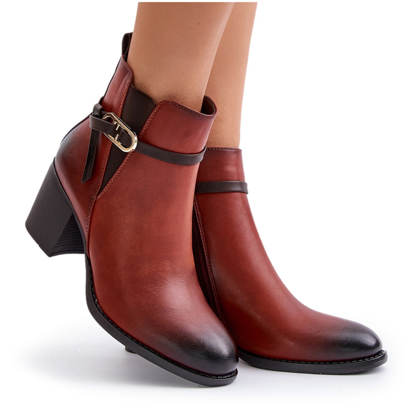 Jezzi Botki Damskie Na Obcasie Słupku Ocieplane Z Paskiem Brązowe Zinithia 5