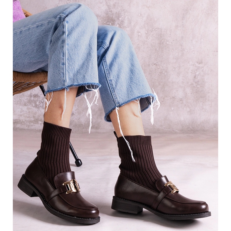 Brązowe botki z materiałową cholewką 1