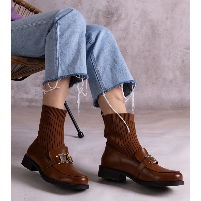 Brązowe botki z materiałową cholewką 1