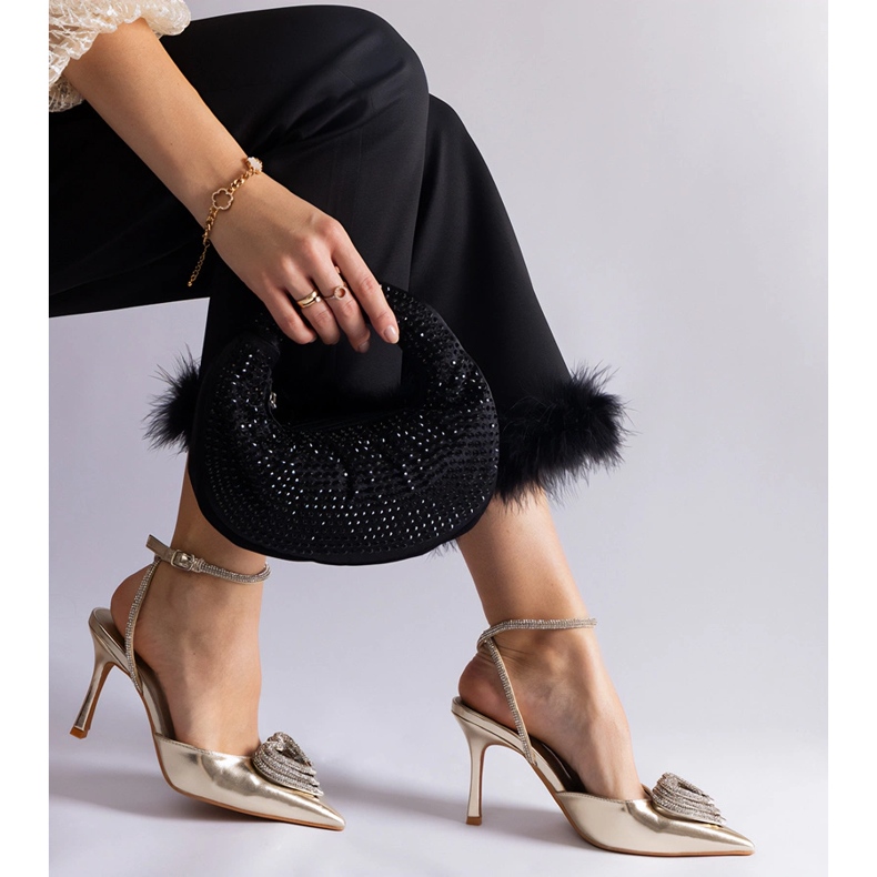 Złote szpilki z odkrytą pięta zdobione cyrkoniami złoty 2