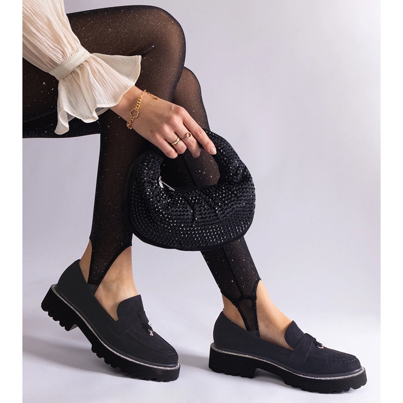 Czarne mokasyny z zamszu skóry z ozdobą 1