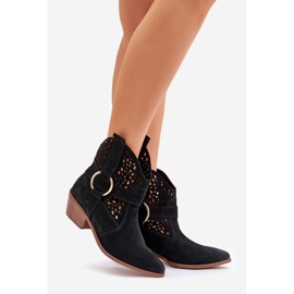 Zamszowe Botki Kowbojki Ażurowe Na Obcasie Zazoo 2994 Czarne 1