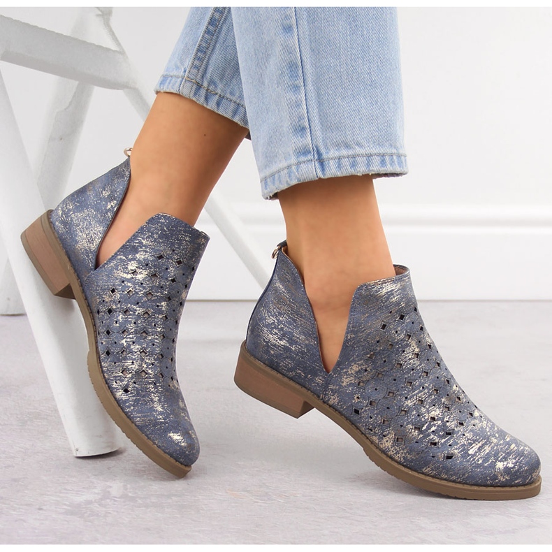 M. DASZYŃSKI Botki damskie zamszowe ażurowe niebieskie przecierane M.Daszyński SA62-102 1