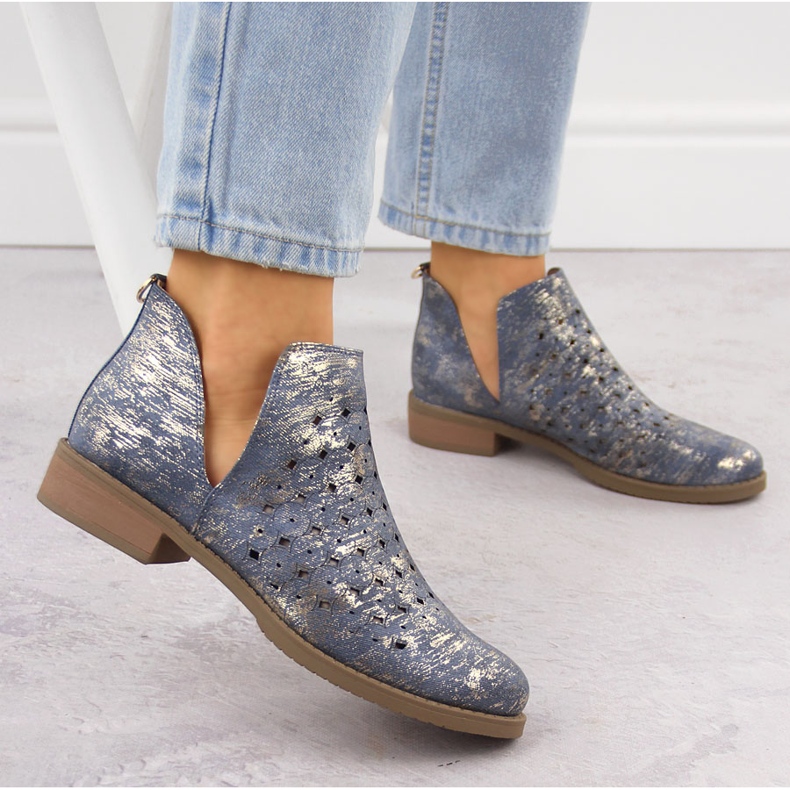 M. DASZYŃSKI Botki damskie zamszowe ażurowe niebieskie przecierane M.Daszyński SA62-102 2