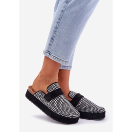 Klapki Damskie Zdobione Cyrkoniami Na Platformie Czarne 1