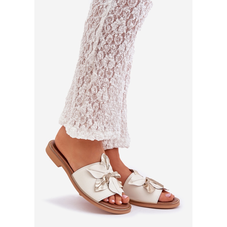 Klapki Z Ozdobą Skóra Naturalna Zazoo 3667 Białe 1