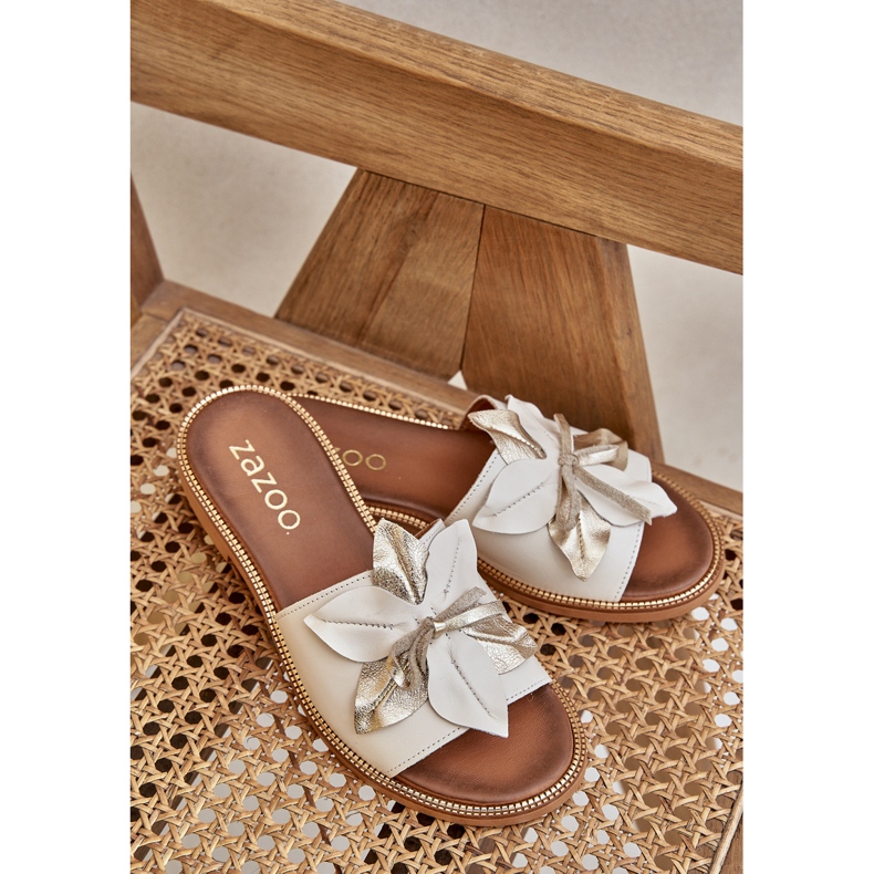 Klapki Z Ozdobą Skóra Naturalna Zazoo 3667 Białe 2