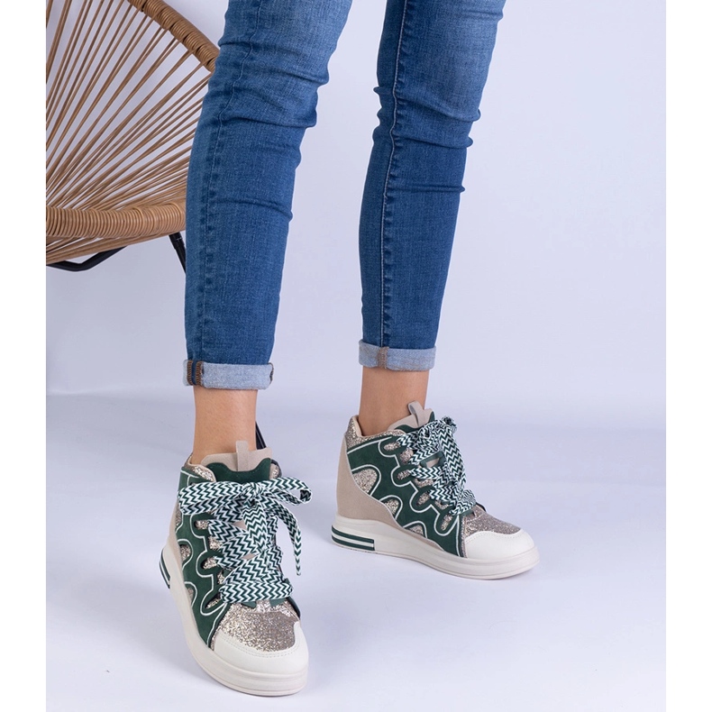 Zielone sneakersy z grubymi sznurówkami i brokatem 1
