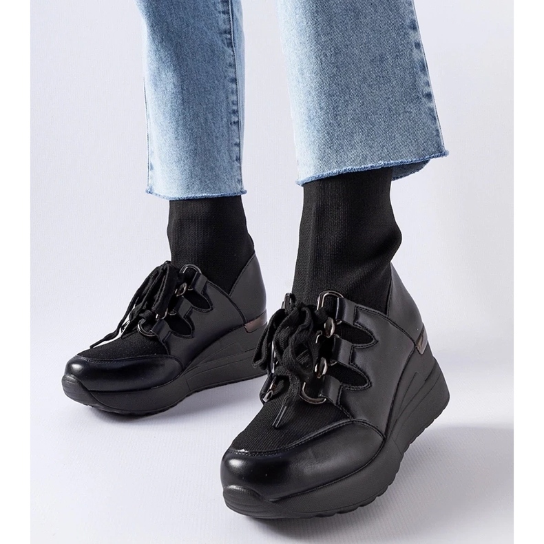 D/CEO Czarne skarpetkowe botki na koturnie Rochon 1