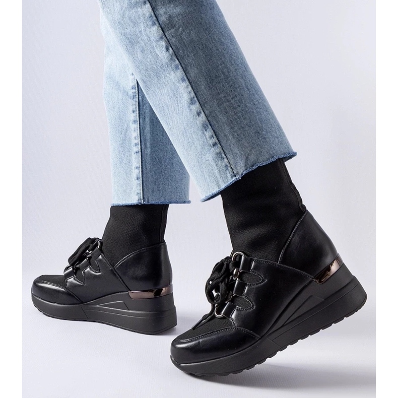 D/CEO Czarne skarpetkowe botki na koturnie Rochon 2