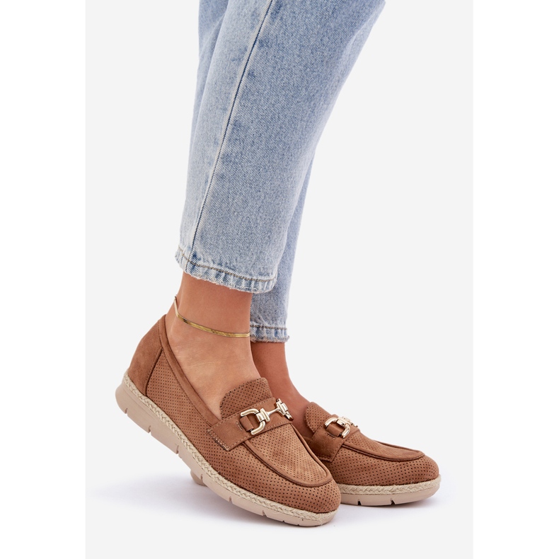 Ażurowe Mokasyny Ze Złotym Detalem I Jutową Plecionką Brązowe 1