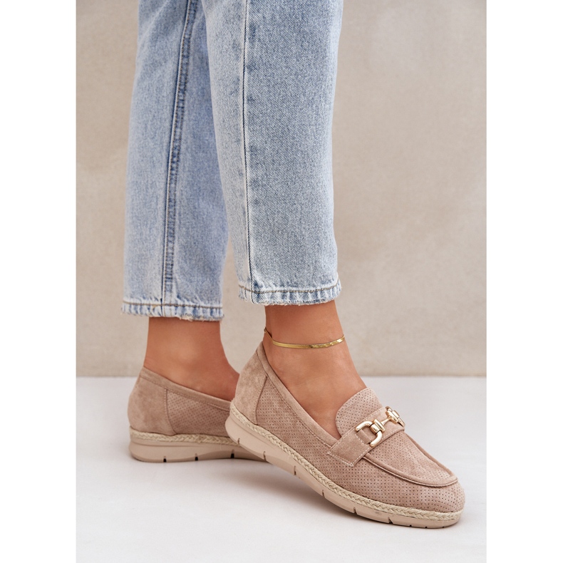 Ażurowe Mokasyny Ze Złotym Detalem I Jutową Plecionką Beżowe beżowy 2