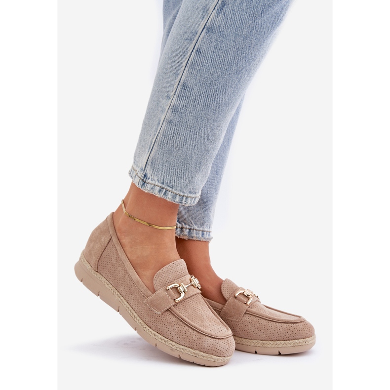 Ażurowe Mokasyny Ze Złotym Detalem I Jutową Plecionką Beżowe beżowy 1