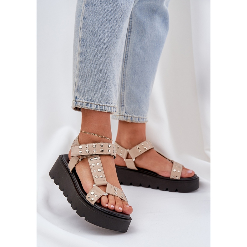 Zdobione Sandały Na Platformie Beżowe beżowy 2
