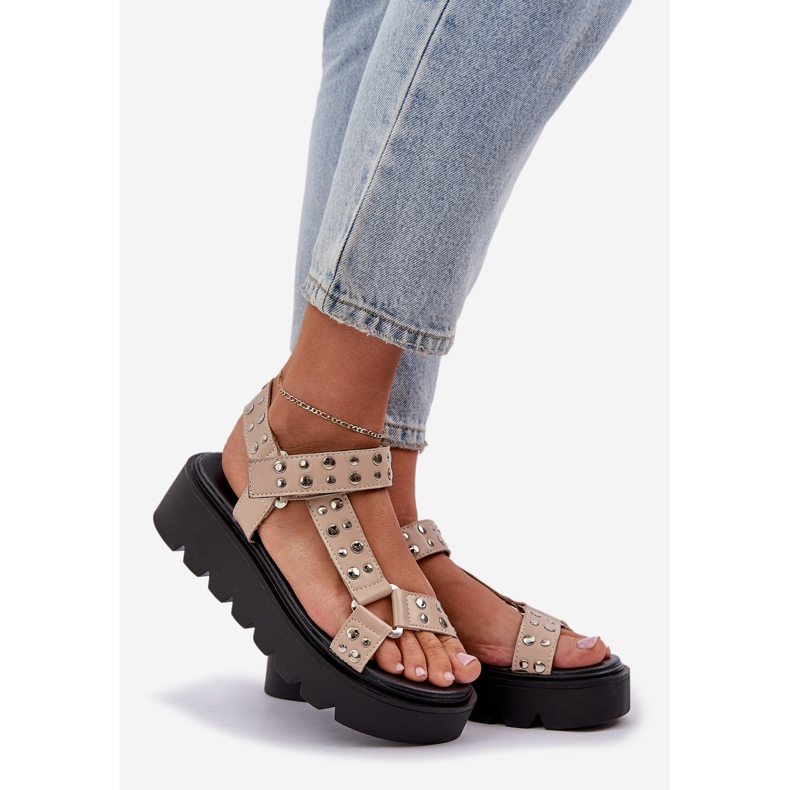 Zdobione Sandały Na Platformie Beżowe beżowy 1