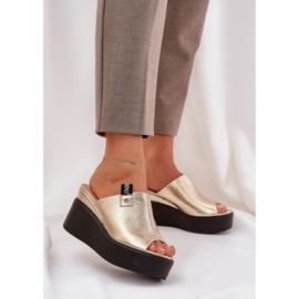 Klapki Na Platformie I Koturnie Eko Skórzane Złote złoty 2