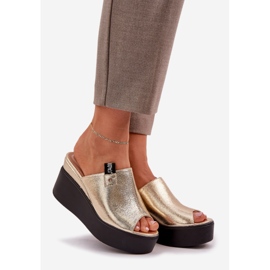 Klapki Na Platformie I Koturnie Eko Skórzane Złote złoty 1