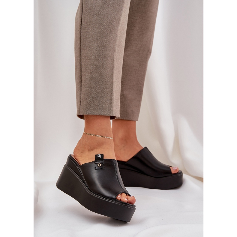 Klapki Na Platformie I Koturnie Eko Skórzane Czarne 2