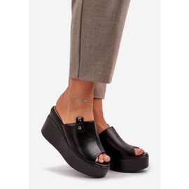Klapki Na Platformie I Koturnie Eko Skórzane Czarne 1