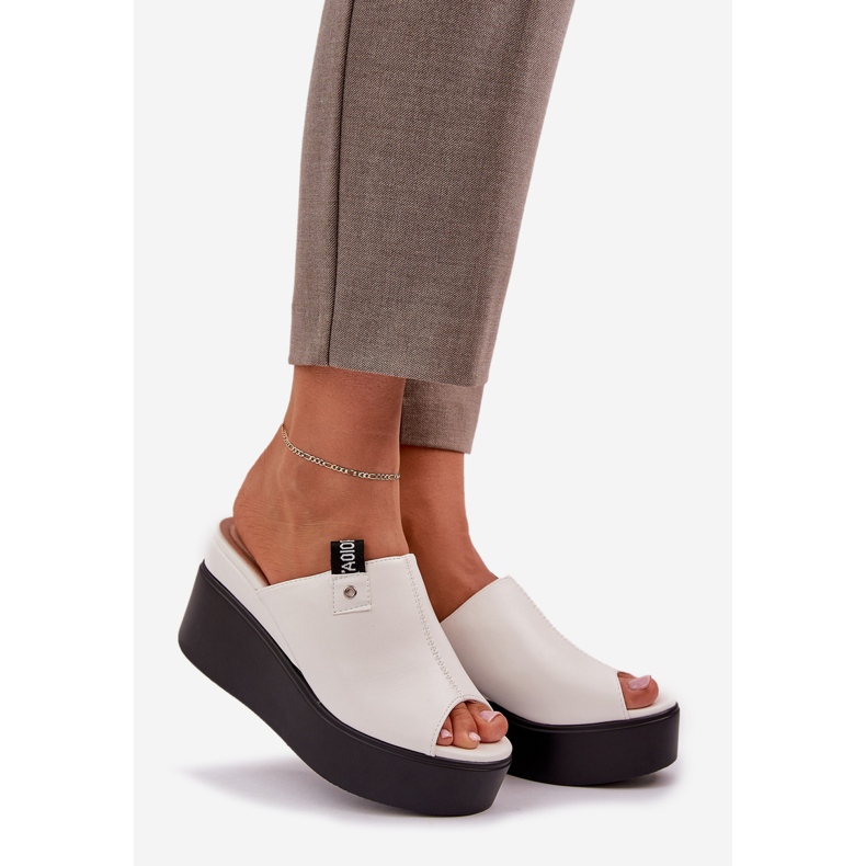Klapki Na Platformie I Koturnie Eko Skórzane Białe 1