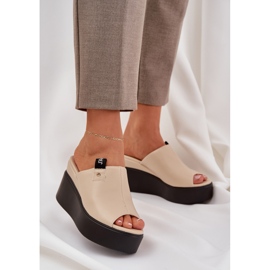 Klapki Na Platformie I Koturnie Eko Skórzane Beżowe beżowy 2