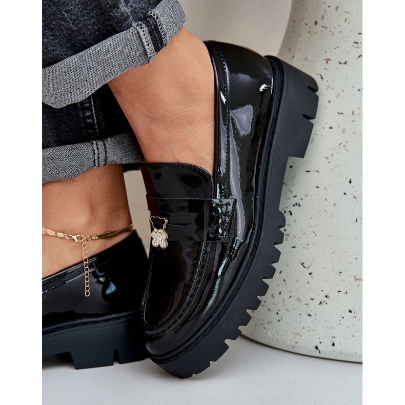 Lakierowane Mokasyny Damskie Z Przypinką Miś Czarne 2