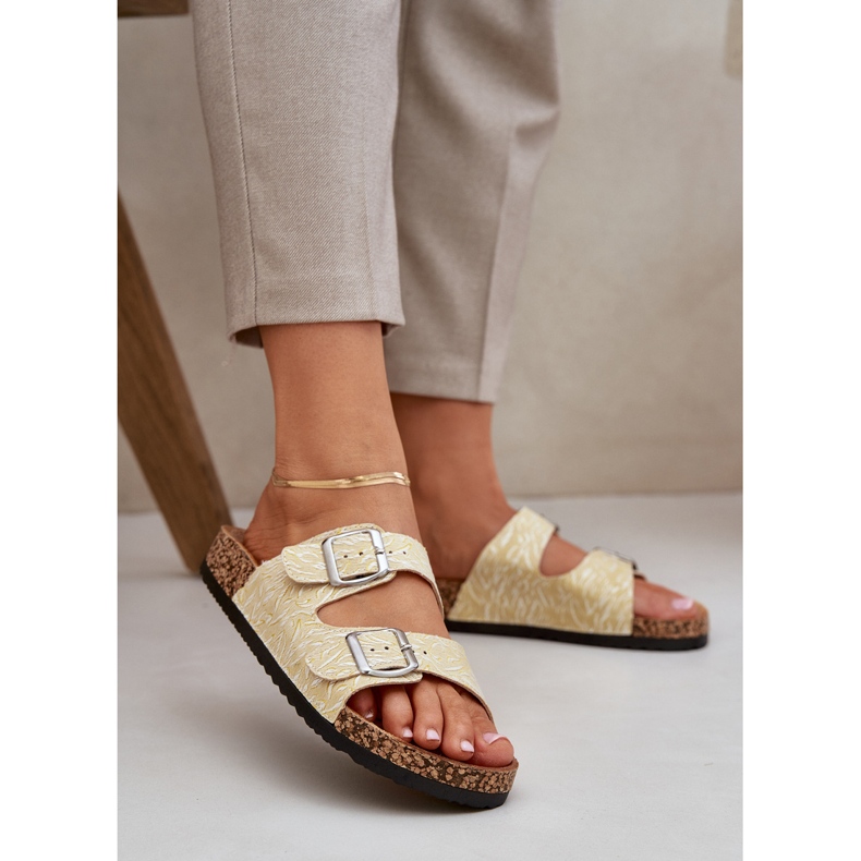 Materiałowe Klapki Na Korkowej Podeszwie Z Klamrami Żółte 2