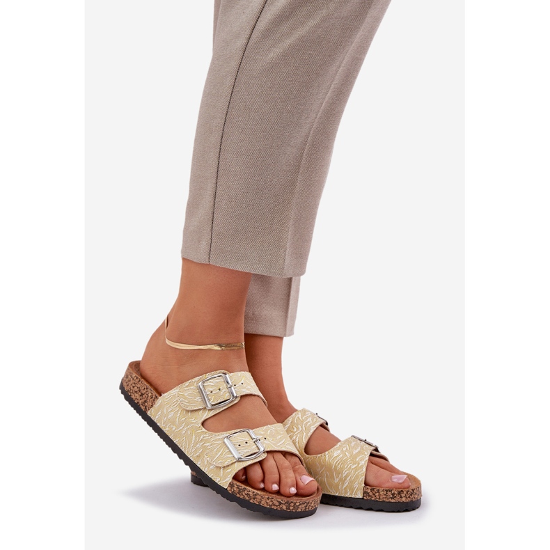 Materiałowe Klapki Na Korkowej Podeszwie Z Klamrami Żółte 1