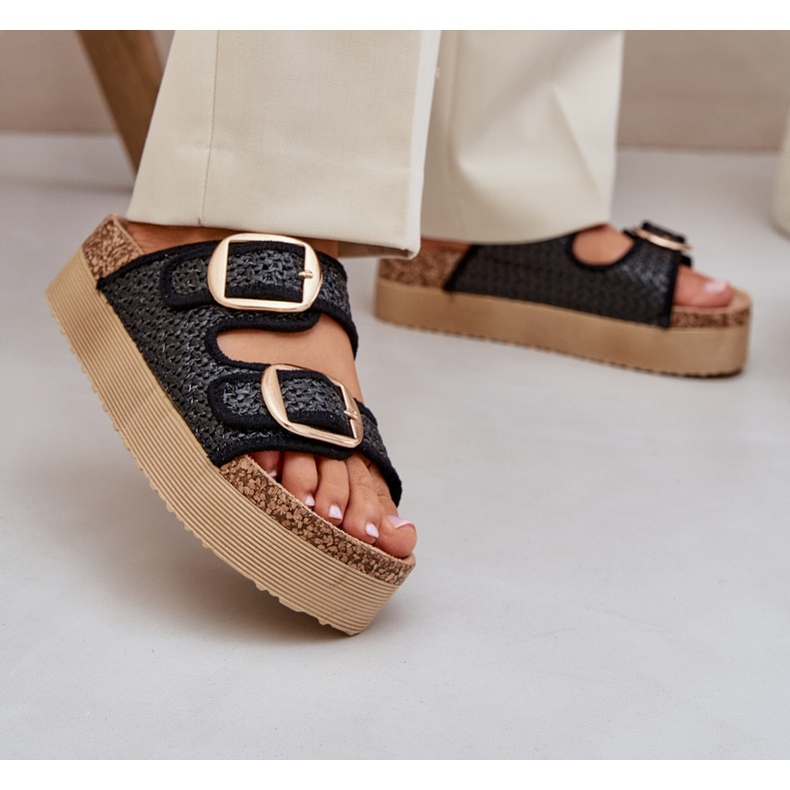 Klapki Z Plecionką I Klamrami Na Masywnej Platformie Czarne 2