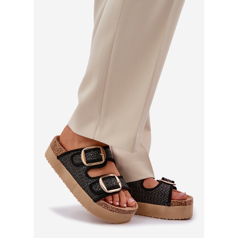 Klapki Z Plecionką I Klamrami Na Masywnej Platformie Czarne 1