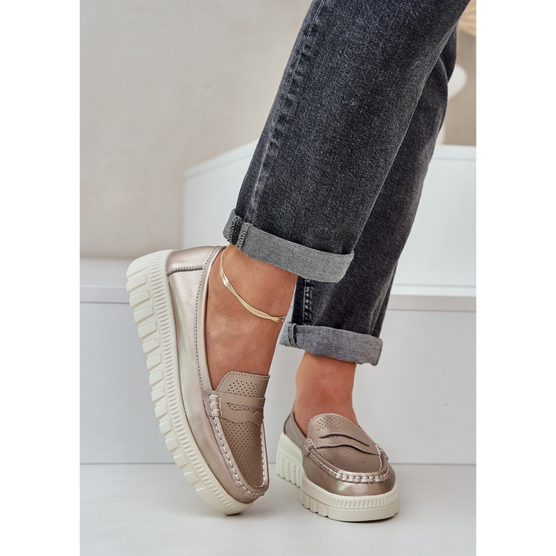 Skórzane Mokasyny Ażurowe Damskie Na Platformie I Koturnie CHAMPAGNE złoty 2