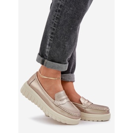 Skórzane Mokasyny Ażurowe Damskie Na Platformie I Koturnie CHAMPAGNE złoty 1