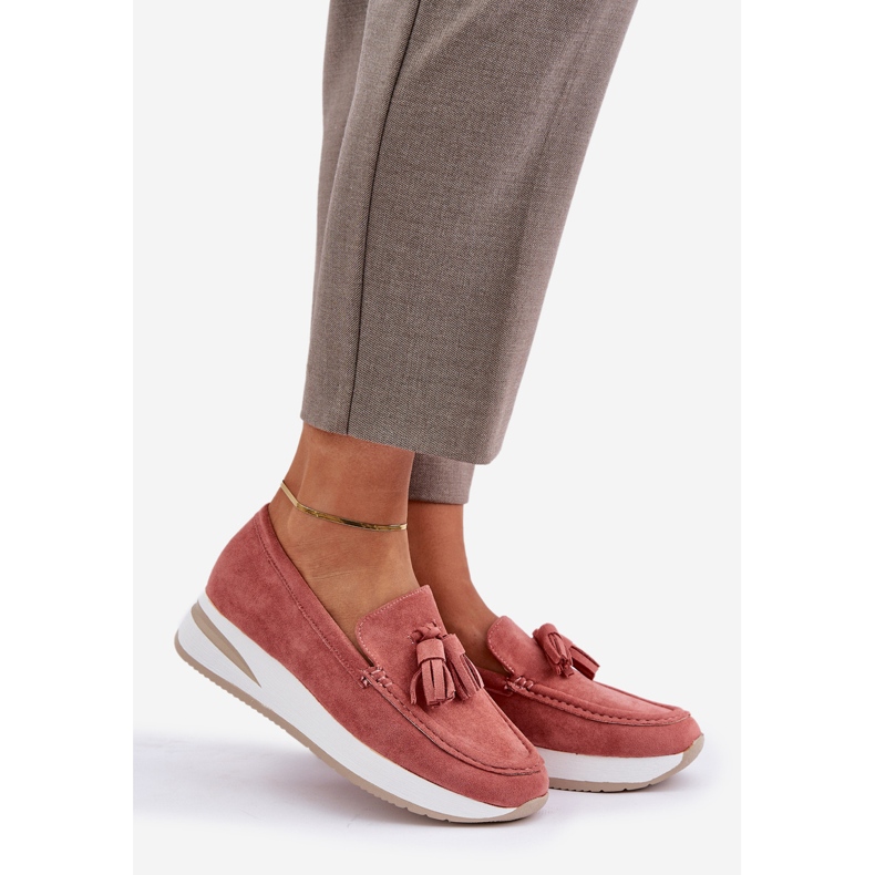 Mokasyny Na Delikatnym Koturnie Eko Zamszowe Różowe 1