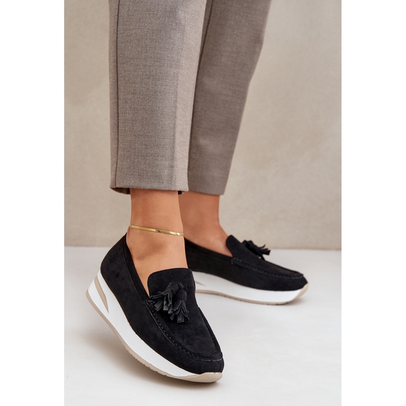 Mokasyny Na Delikatnym Koturnie Eko Zamszowe Czarne 2