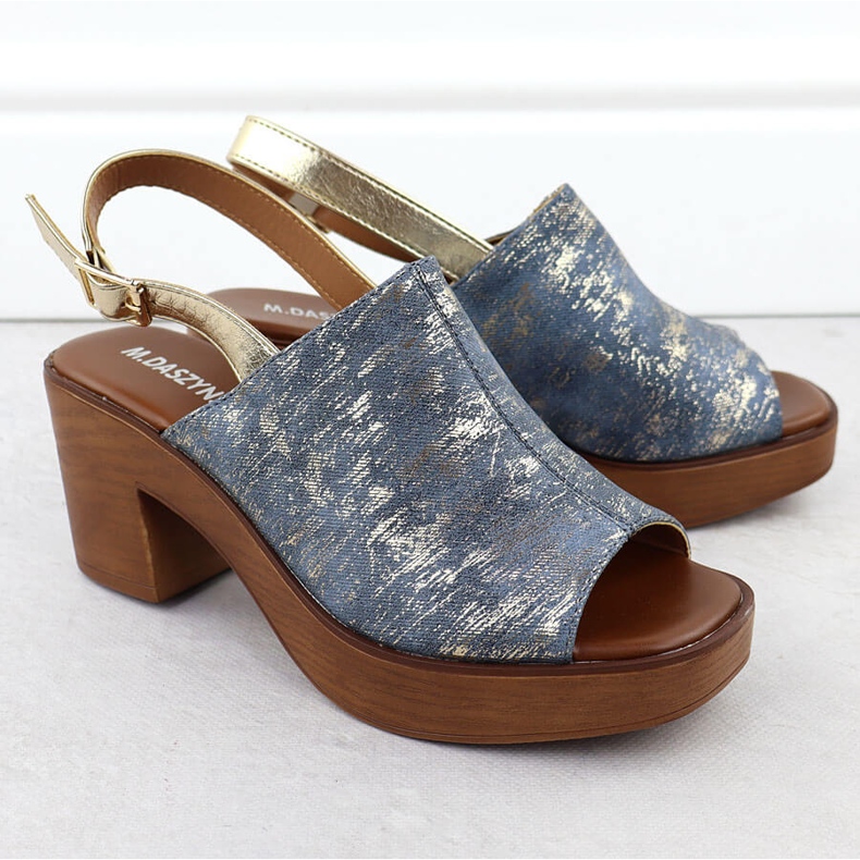 M. DASZYŃSKI Sandały damskie na słupku jeansowe pozłacane M.Daszyński MR23126-7 niebieskie 2