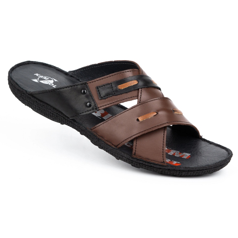 Kampol Klapki męskie skórzane 201/55 brąz lico brązowe 1