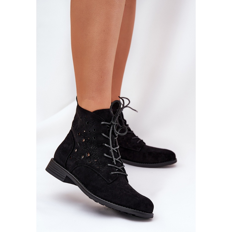 Sznurowane Botki Z Ażurowym Wzorem S.Barski HY51-136 Czarne 2