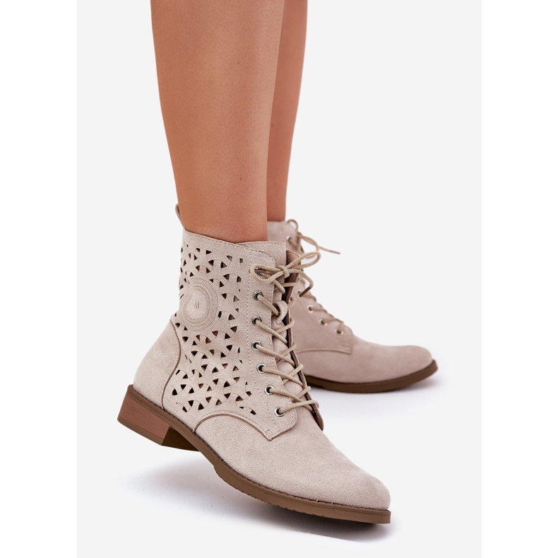 Jezzi Botki Z Ażurowym Wzorem Na Zamek Jasnobeżowe beżowy 1