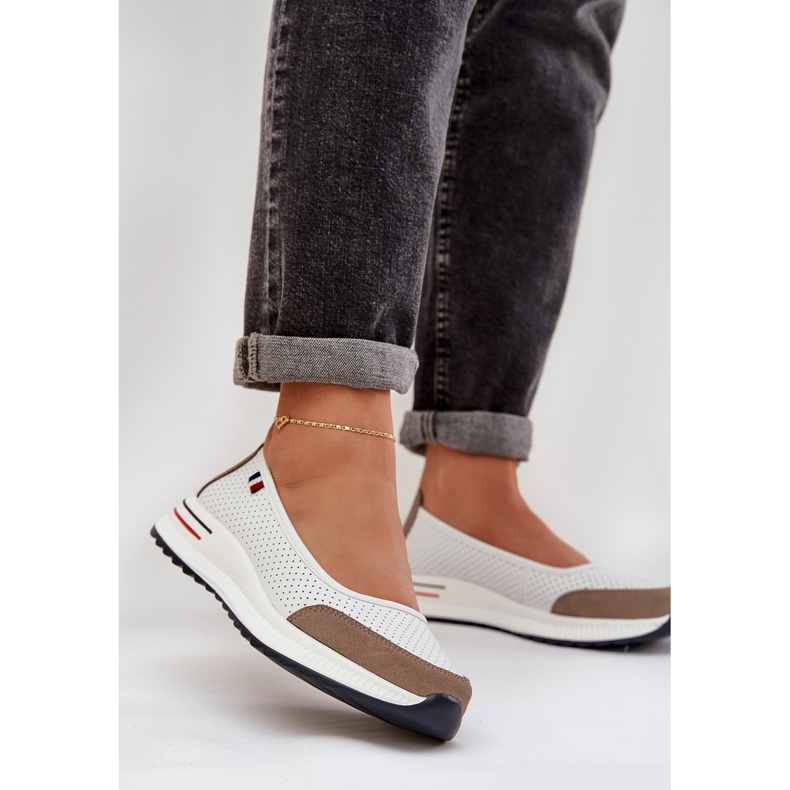 Skórzane Baleriny Na Koturnie Białe 2